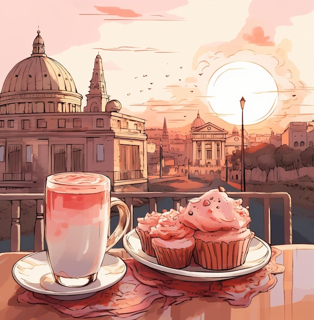 赤いコーヒーとマフィンとコロッセウムのローマのイラストは,明るいピンクと茶色のスタイルで