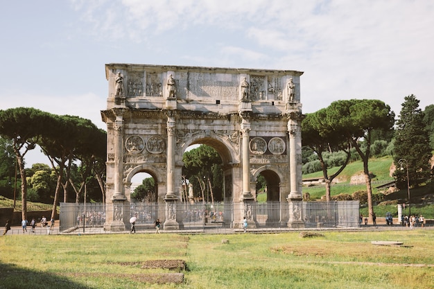 Rome, Italy - June 20, 2018: Triumphal Arch of Constantine in Rome, situated between the Colosseum and the Palatine Hill