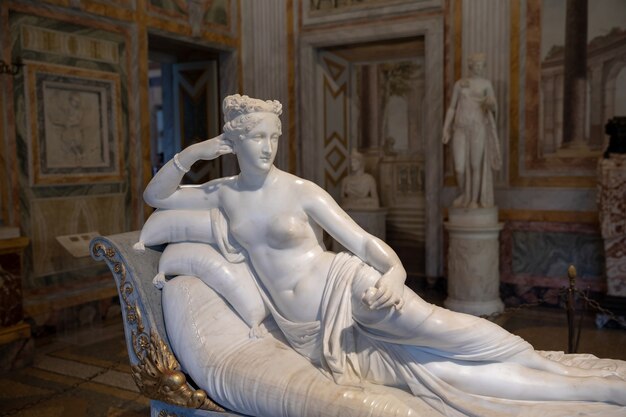 Rome, Italy - June 22, 2018: Baroque marble sculpture Pauline Bonaparte by Antonio Canova in Galleria Borghese of Villa Borghese