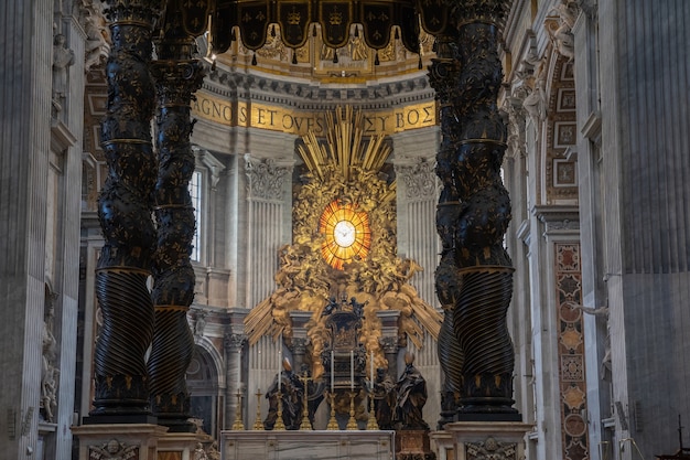 Rome, Italy - June 22, 2018: Panoramic view of interior of Papal Basilica of St. Peter (St. Peter's Basilica). It is an Italian Renaissance church in Vatican City, papal enclave within city of Rome