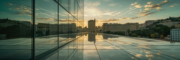 Foto panorama di roma un paesaggio cittadino con il riflesso di un edificio nell'acqua al tramonto