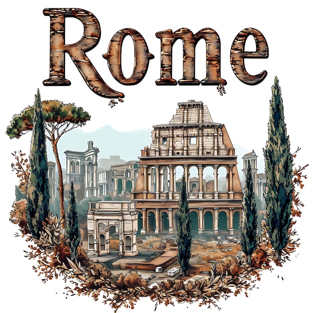 Photo rome text with classical serif typography design in center o watercolor lanscape arts collection