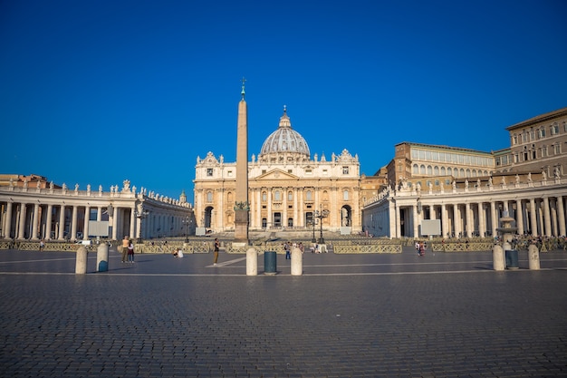 ROME, VATICAN STATE - AUGUST 20, 2018: Saint Peter Cathedral in Vatican with the famous Cupola, early morning daylight and still few tourists.