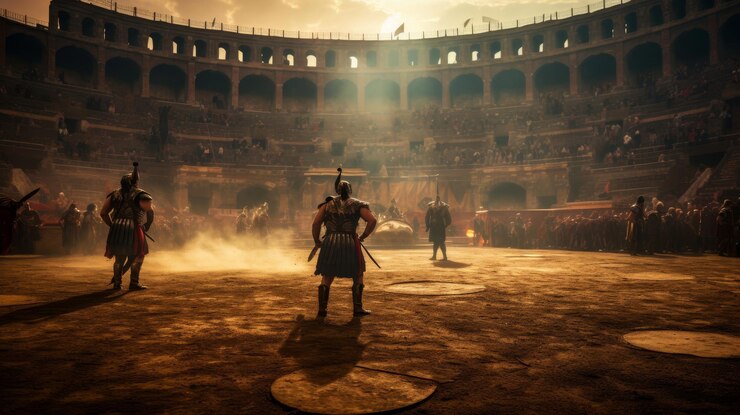 Foto romeinse gladiatorschool arena met gevechtsoefening