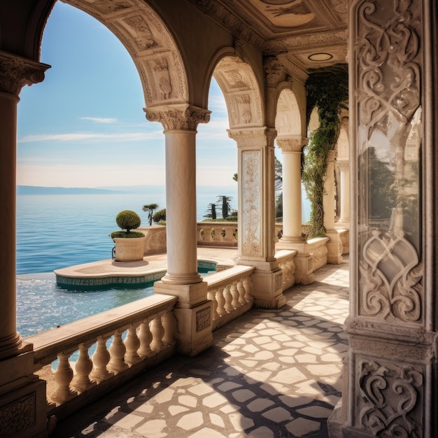 Romeinse grootsheid ontmoet schoonheid aan de kust Foto van villa met oceaanachtergrond