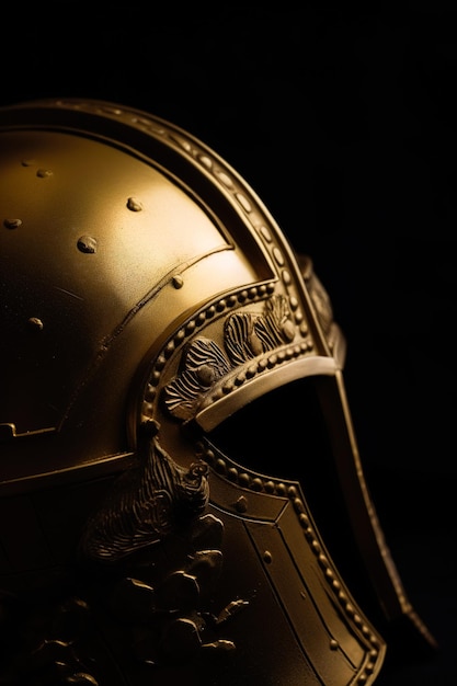 Romeinse helm gemaakt van goud met mooie ornamenten op een zwarte achtergrond Generatieve ai
