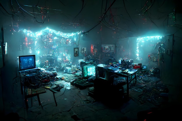 Rommelige cyberpunk hacker schuilplaats met cyaan kerstverlichting neuraal netwerk gegenereerde kunstdecoraties