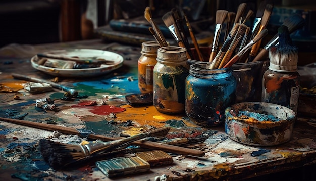 Foto rommelige kunstenaar schildert levendige chaos binnenshuis onhygiënische studio gegenereerd door ai