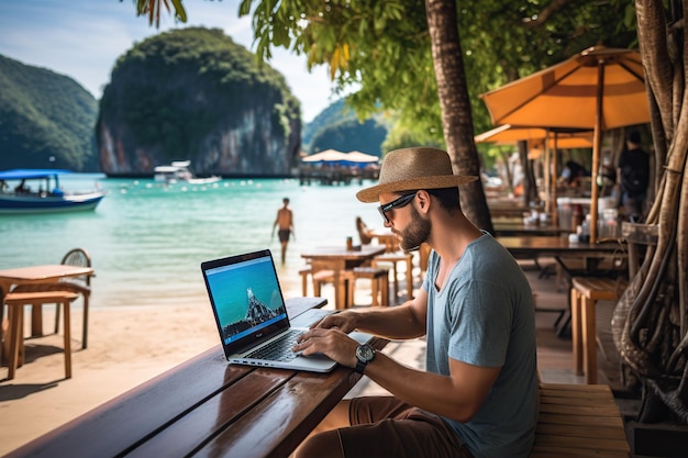 romote digitale nomade met laptop die door thailand reist