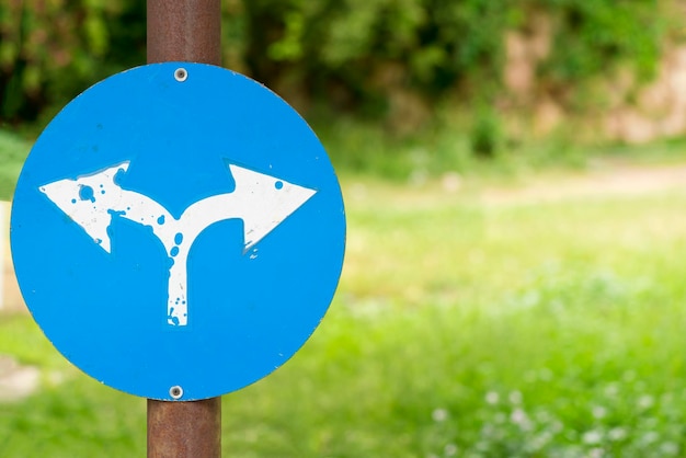 Rond blauw verkeersbord dat de rijrichting aangeeft met twee witte pijlen op wazige groene achtergrond