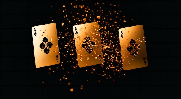 Rond een zwarte achtergrond worden drie gouden casinokaarten in de lucht getoond