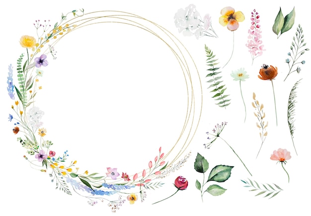 Rond frame gemaakt van aquarel wilde bloemen en bladeren bruiloft en groet illustratie