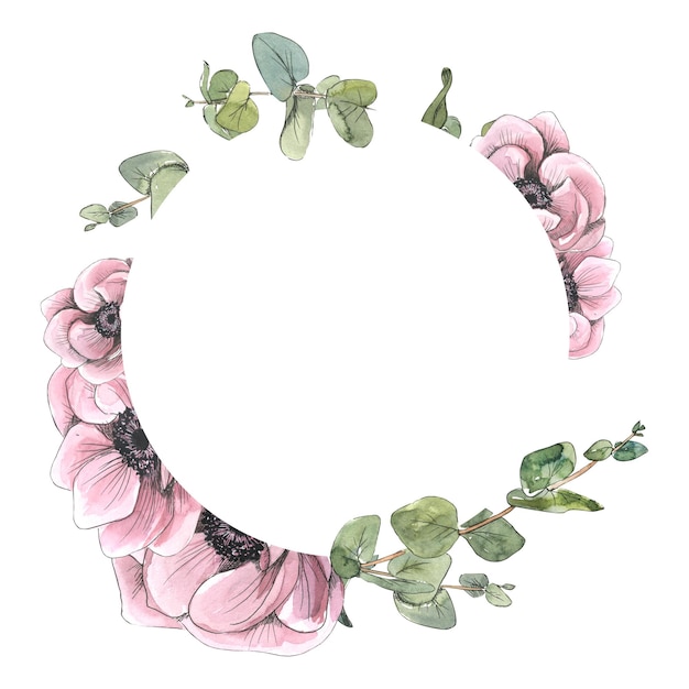 Rond frame met anemoonbloemen eucalyptustakjes Aquarelillustratie in schetsstijl met grafische elementen Een krans uit een grote set van PARIJS Voor het ontwerp en de decoratie