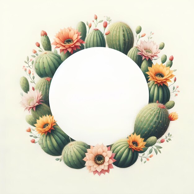 Foto rond frame met cactus bloemen rond en leeg wit midden geïsoleerd op witte achtergrond