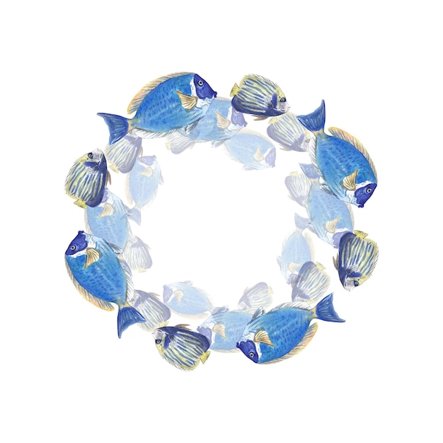 Rond frame van een zwerm blauwe vissen op een witte achtergrond Aquarel illustratie van tropisch
