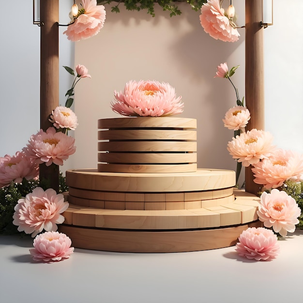 Foto rond houten podium met lantaarns en bloemen