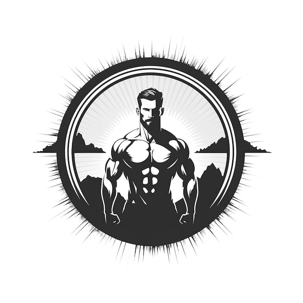 rond logo embleem met een silhouet van een mannelijke atleet bodybuilder met een gespierd lichaam op een witte achtergrond