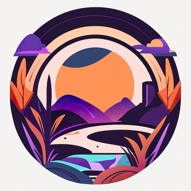 Rond logo met de natuur met planten en bergen in zachte kleuren Generatieve AI