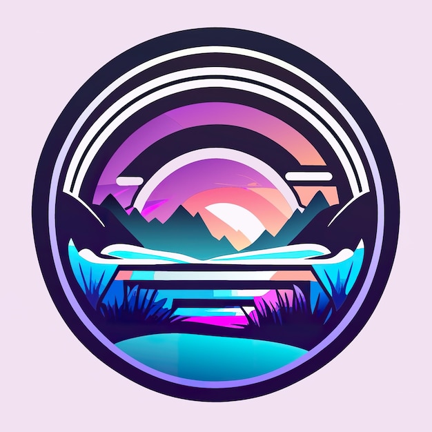 Rond logo met de natuur met planten en bergen in zachte kleuren Generatieve AI