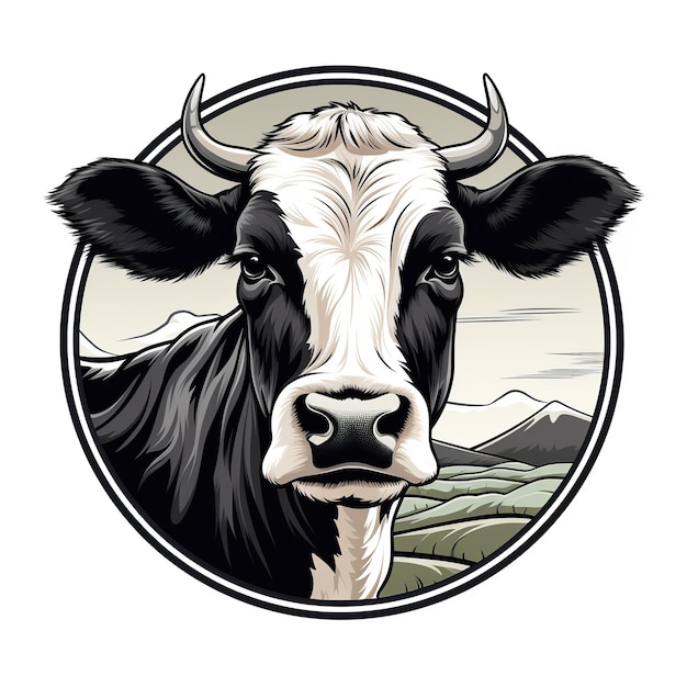 Foto rond minimalistisch logo met een koeien gezicht op een witte achtergrond