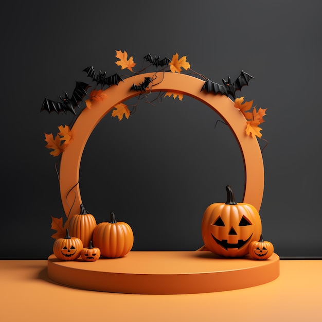 Rond podium en voetstuk voor weergaveproduct Halloween pompoenen thema achtergrond 3D render banner