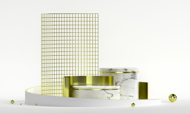 Rond podium met geometrische vormen en gouden elementen. Abstract leeg voetstuk, platform voor product.