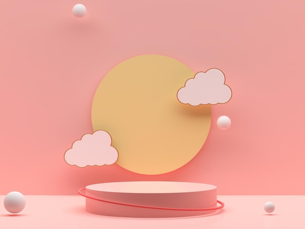 Rond podium met wolkenbollen en cirkelachtergrond Pastelroze en gele achtergrond Voetstuk voor productpresentatie voor kinderen Geometrische 3D render
