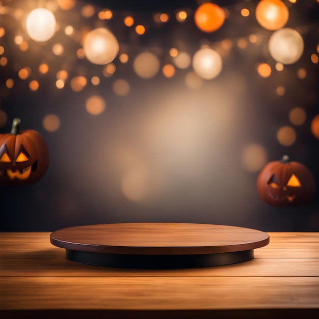 Rond podium op houten tafel met onscherpe Halloween-achtergrond Ai gegenereerd