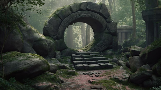 Rond stenen portaal in het bos een verlaten tempel Pad gemaakt van stenen in het bos