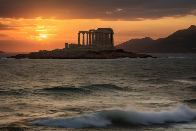 Rond zonsondergang de Tempel van Poseidon in Griekenland
