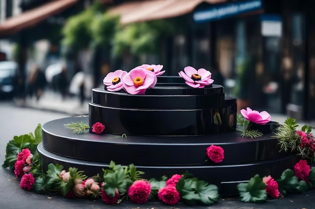 Rond zwart plastic cosmetisch podiumlandschap met anemoonbloem in de straat hyperrealistische materialen