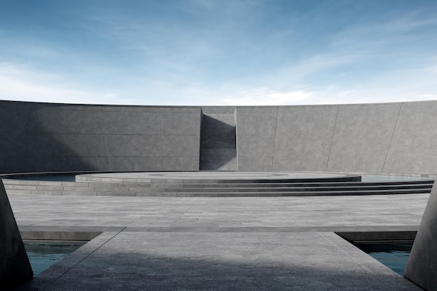 Ronde betonnen podium lege vloer met zwembad 3D-weergave van abstracte ruimte met blauwe hemelachtergrond