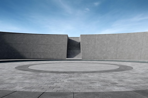 Ronde betonnen podium lege vloer met zwembad 3D-weergave van abstracte ruimte met blauwe hemelachtergrond