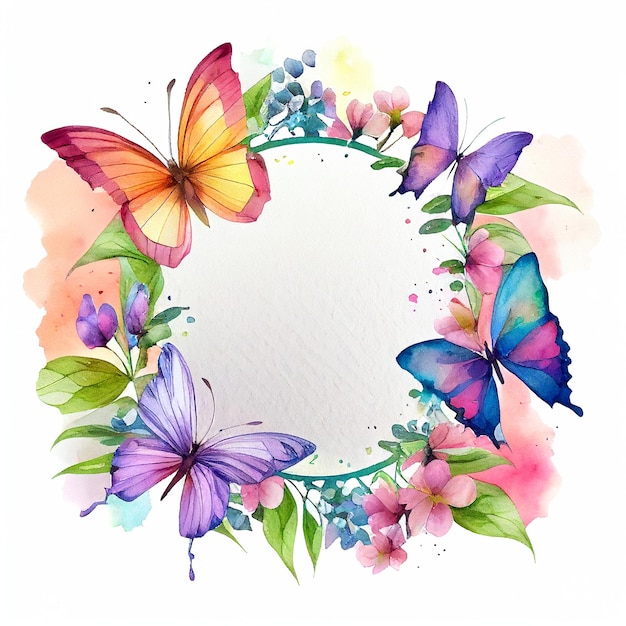 Ronde bloemenkrans met vlinders aquarel illustratie bloemen lente natuurlijk frame voor bruiloft