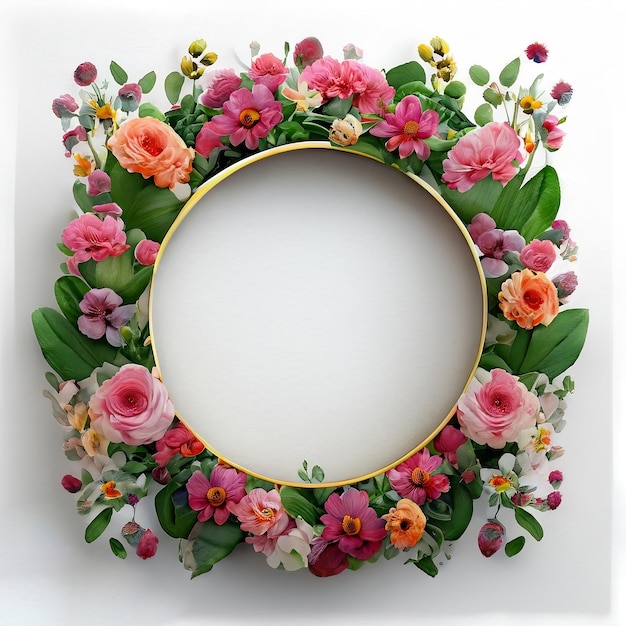 Ronde frame Bloemkrans frame gemaakt van bloemen en bladeren Platte AI gegenereerd