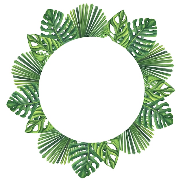 Ronde frame groene palmbladeren Monstera tropisch gebladerte Handgetekende aquarel illustratie geïsoleerd