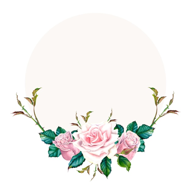 Ronde frame met pastelroze rozenknoppen en bladeren Aquarel botanische illustratie Met de hand getekende bloemen op geïsoleerde achtergrond Leegte ruimte voor een inscriptie Voor groetekaartjes of uitnodigingen