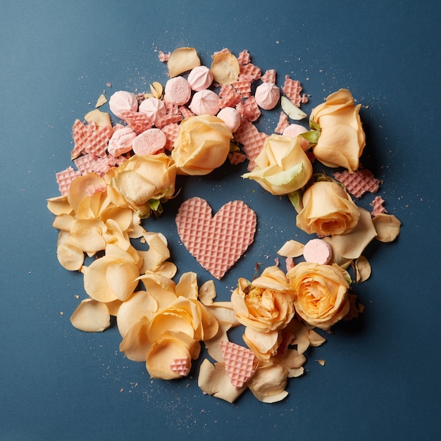 Foto ronde frame van een mooie beige rozen en harten van wafeltjes, plat leggen