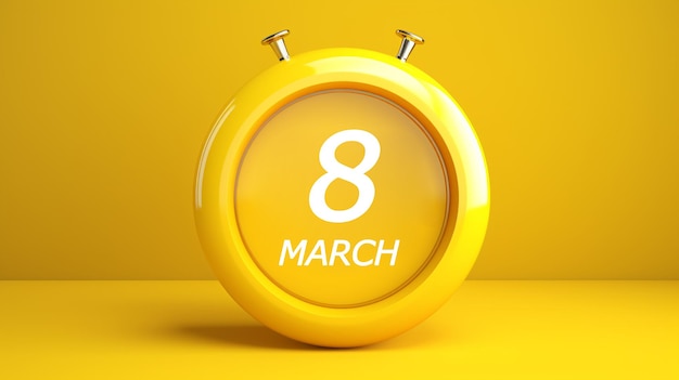 Ronde gele wekker op een gele achtergrond met de datum 8 maart