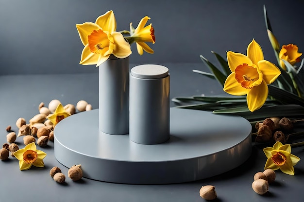 Ronde grijze plastic cosmetische podiumsamenstelling met gedroogde narcis in de hyperrealistische materialen van de fotostudio