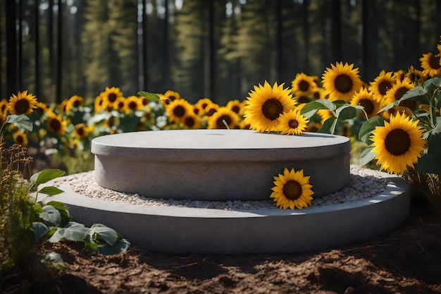 Ronde grijze stenen podiumcompositie met zonnebloem in de hyperrealistische bosmaterialen