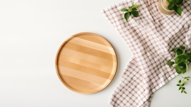 Ronde houten snijplank met handdoek op tafel Plank mock-up Kopie ruimte bovenkant