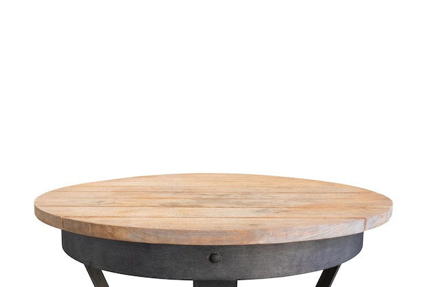 Ronde houten tafelplaat geïsoleerd op witte achtergrond voor de tentoonstelling van producten