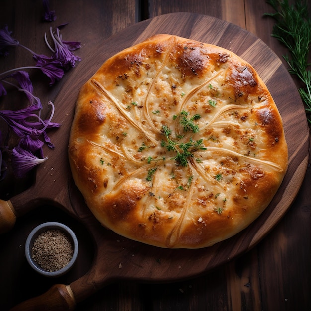 ronde Khachapuri op een houten plank op de achtergrond