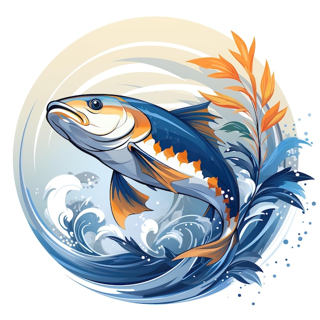 Foto ronde logo met een vis op witte achtergrond symbolische badge voor een restaurant en een zeevruchtenwinkel van een visserijbedrijf