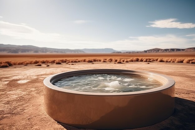 Foto ronde luxe bad jacuzzi is in het midden van een woestijn met zandduinen zonlicht