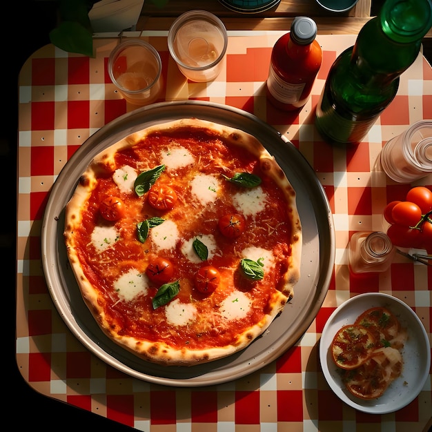 Ronde pizza met kaas, basilicum, tomaat, kruiden op een bord Decoraties van groenten en kruiden rondom Top uitzicht