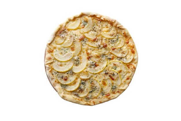 Ronde pizza met kaas en peer fruit geïsoleerd op een witte achtergrond bovenaanzicht