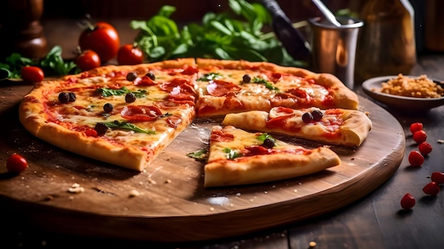 Ronde pizza met kaas, vlees, salami, olijven, kruiden op een houten keukenbord. Rondom de decoratie met groenten en kruiden. Zijaanzicht