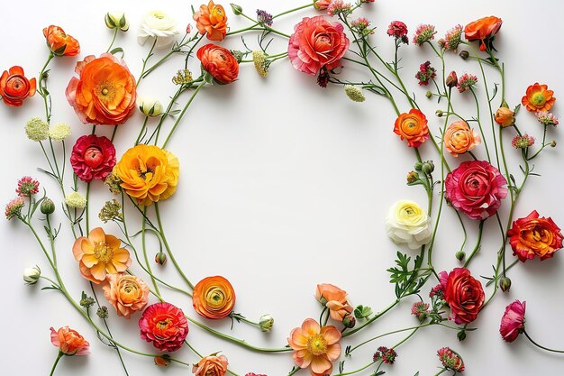 Foto ronde raamkranspatroon met ranunculusbloemen op witte achtergrond